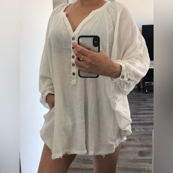 Free People White Cotton Caftan Henley Long Sleeve Beach Cover Up XS S M - Picture 2 of 8